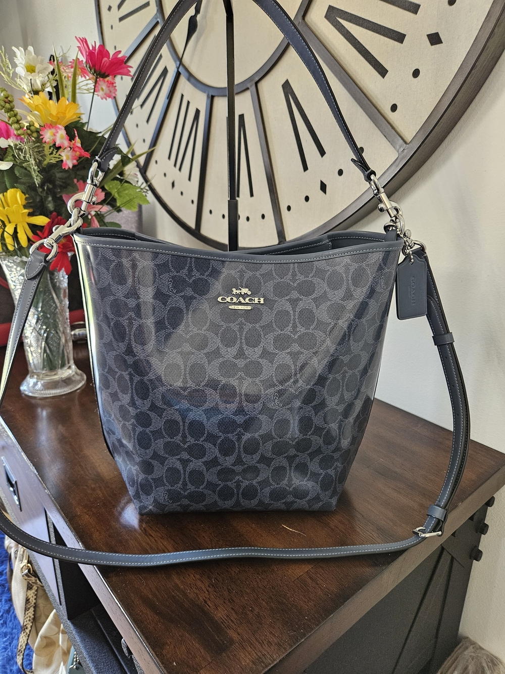 Coach Navy Blue Signature Bucket Shoulder Bag with Silver Hardware